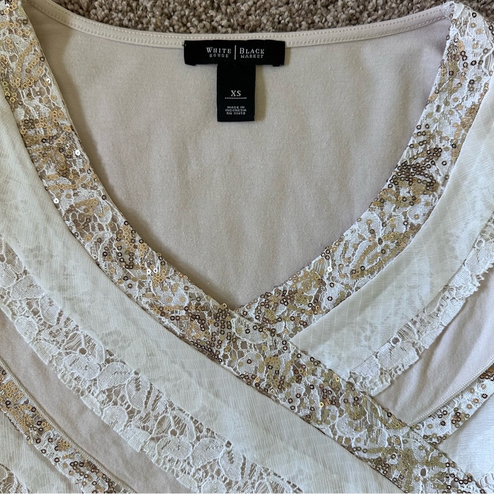 White House Black Market Cream Lace Short Sleeve Top - Picture 2 of 7